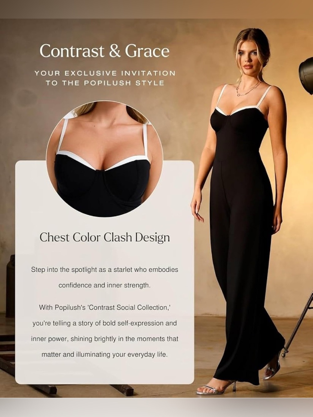 NWT Popilush Built-In Shapewear Contrast Trim Formal Wide-Leg Dressy Jumpsuit - Picture 4 of 14